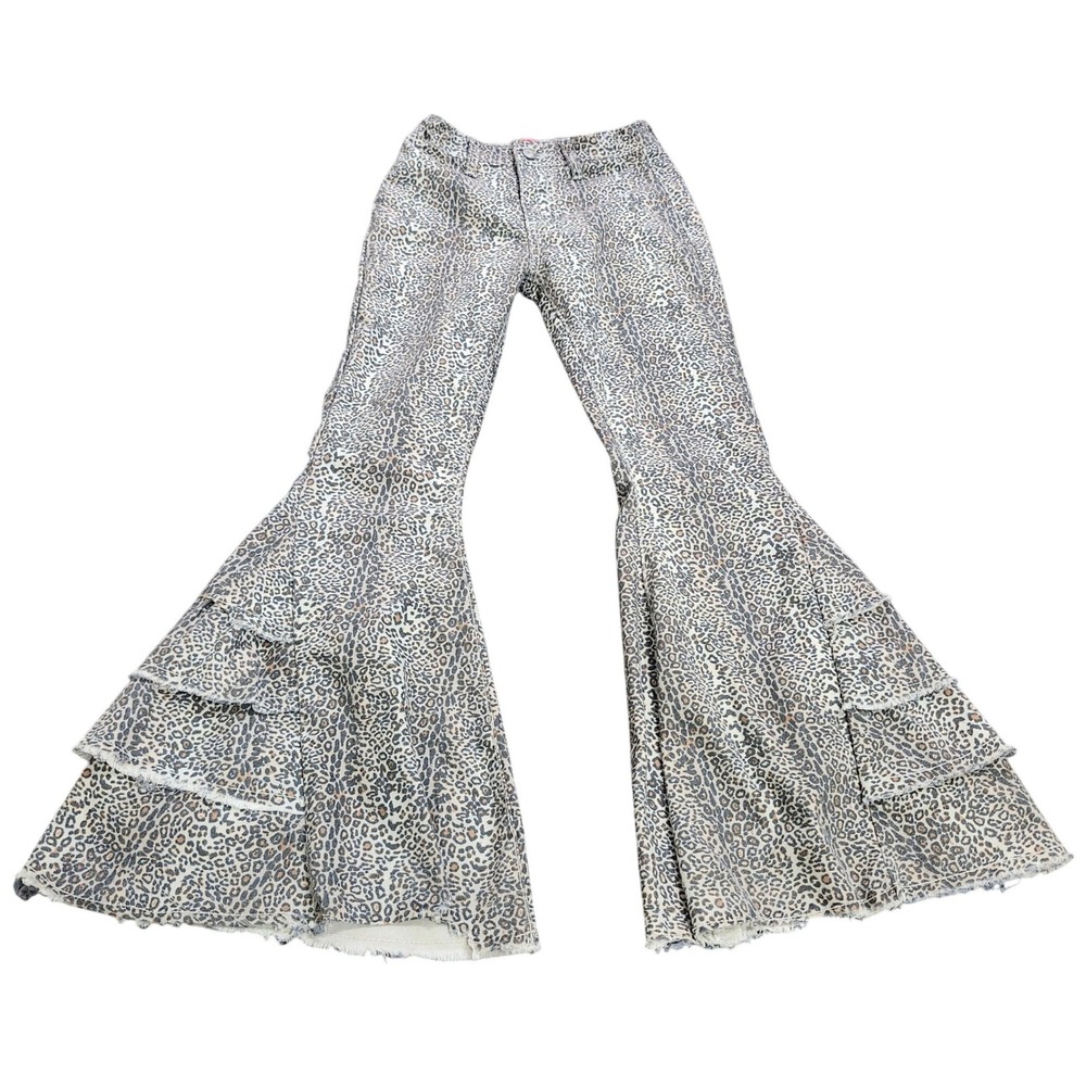 Cowgirl Hardware Leopard Print Tiered Bell Bottom Flare Jeans Girls 8 10994
